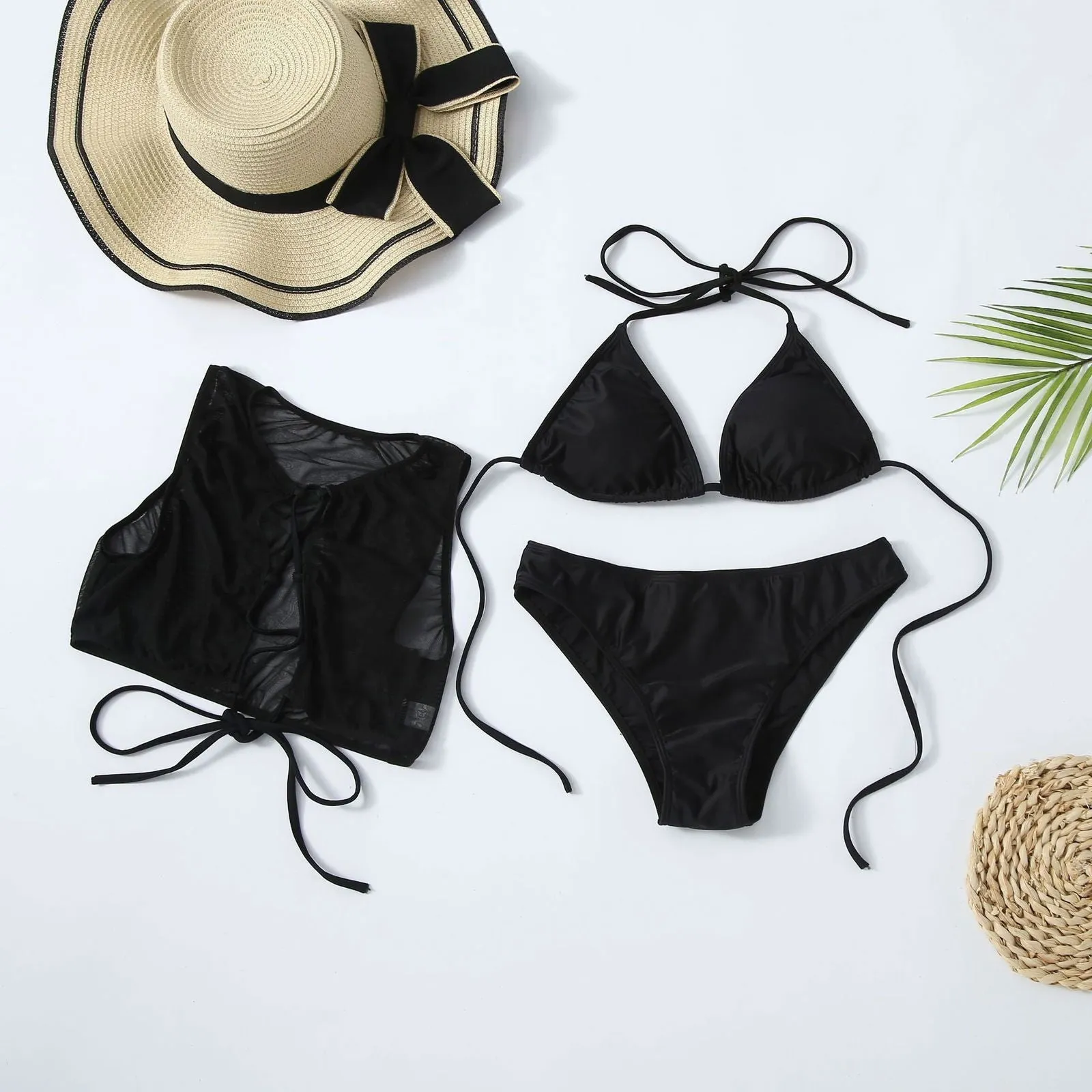 3Pcs Cut Out See Through Mesh Bikini Swimsuits