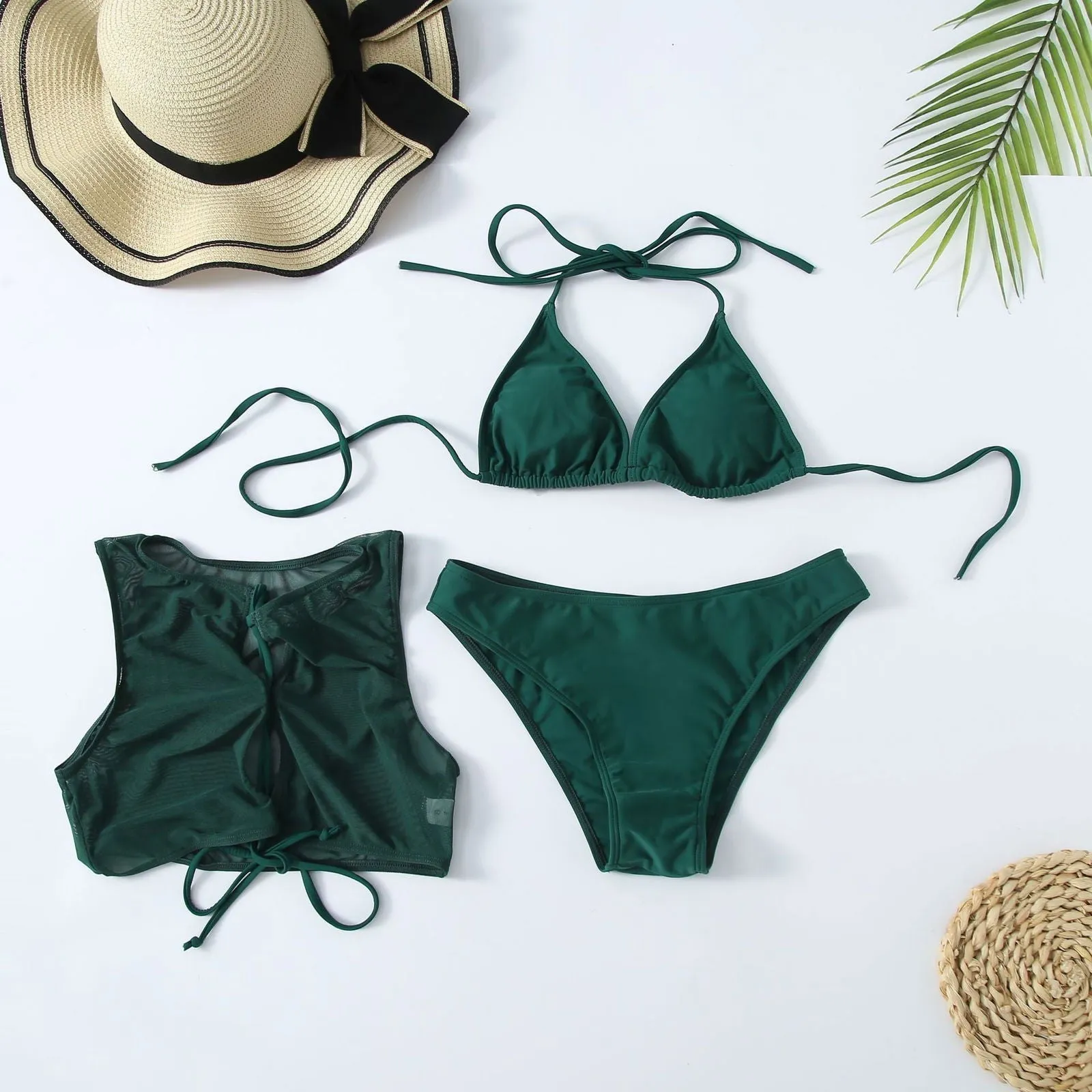 3Pcs Cut Out See Through Mesh Bikini Swimsuits