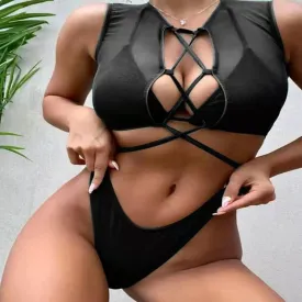 3Pcs Cut Out See Through Mesh Bikini Swimsuits