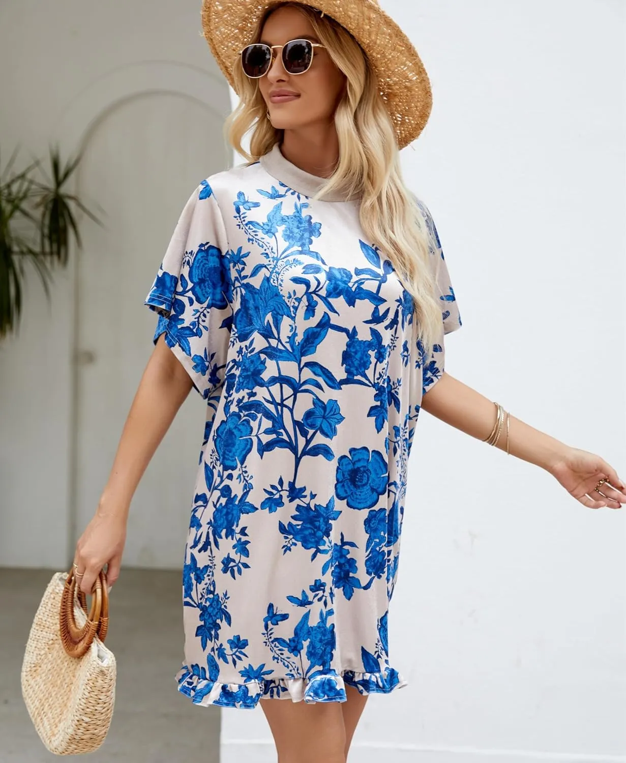 Aimiray Women's Vintage Velvet Dress Round Neck Short Sleeve Floral Printed Mini Flowy Dress