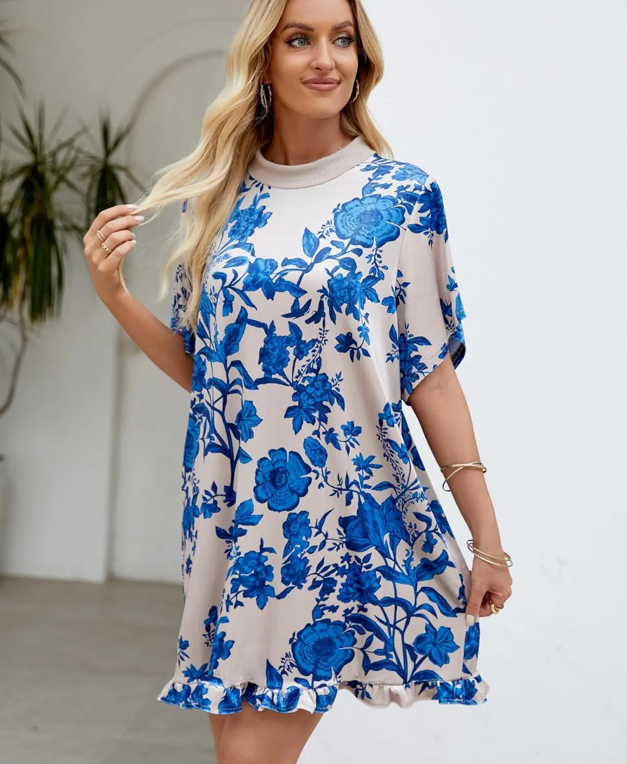 Aimiray Women's Vintage Velvet Dress Round Neck Short Sleeve Floral Printed Mini Flowy Dress