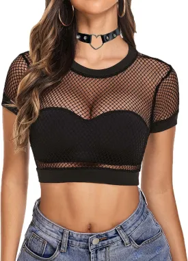 Avidlove Fishnet Crop Top for Women Y2K Short Sleeve See Through Shirt O Neck Pullover Blouse