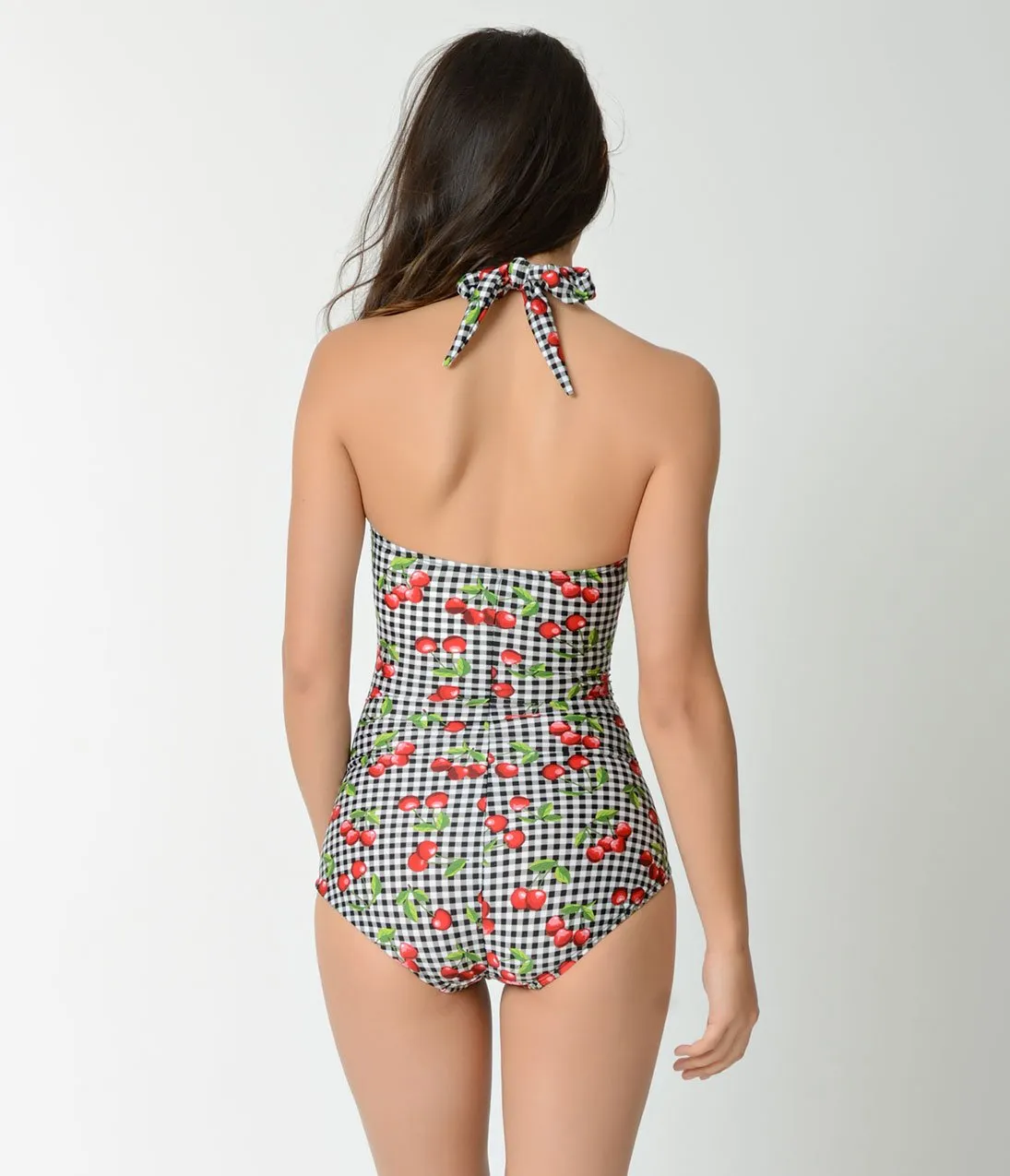 Bettie Page Black & White Gingham Cherry Print Swimsuit