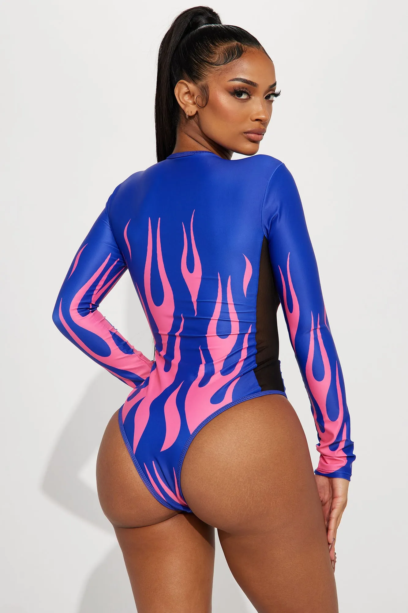 Blazed Up Long Sleeve 1 Piece Swimsuit - Blue/combo