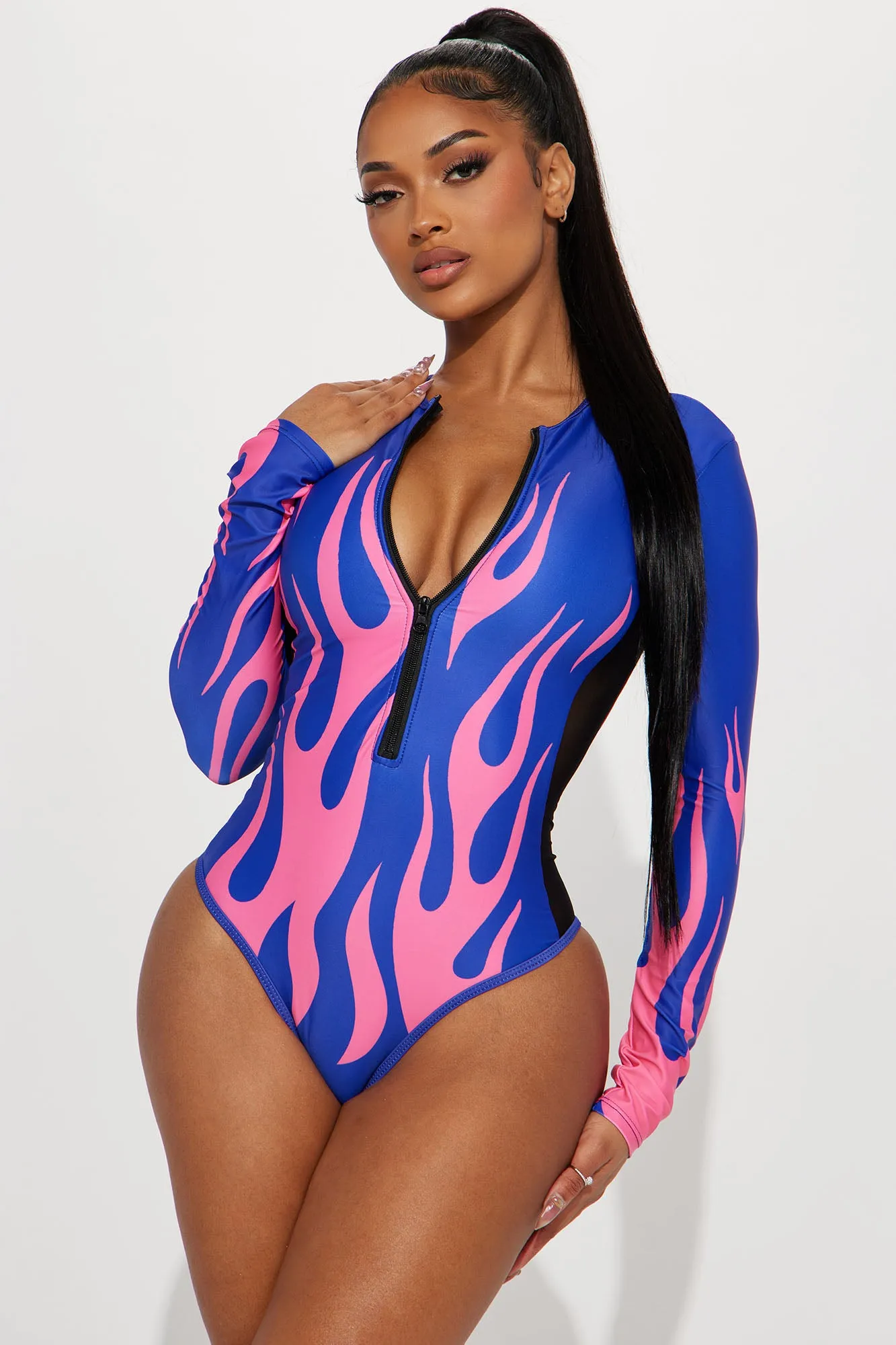 Blazed Up Long Sleeve 1 Piece Swimsuit - Blue/combo