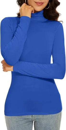 Blue Turtle Neck Shirt for Women Long Sleeve Thermal Scrubs Undershirt Sexy Layer Tops Going Out Winter Fall (Blue L)
