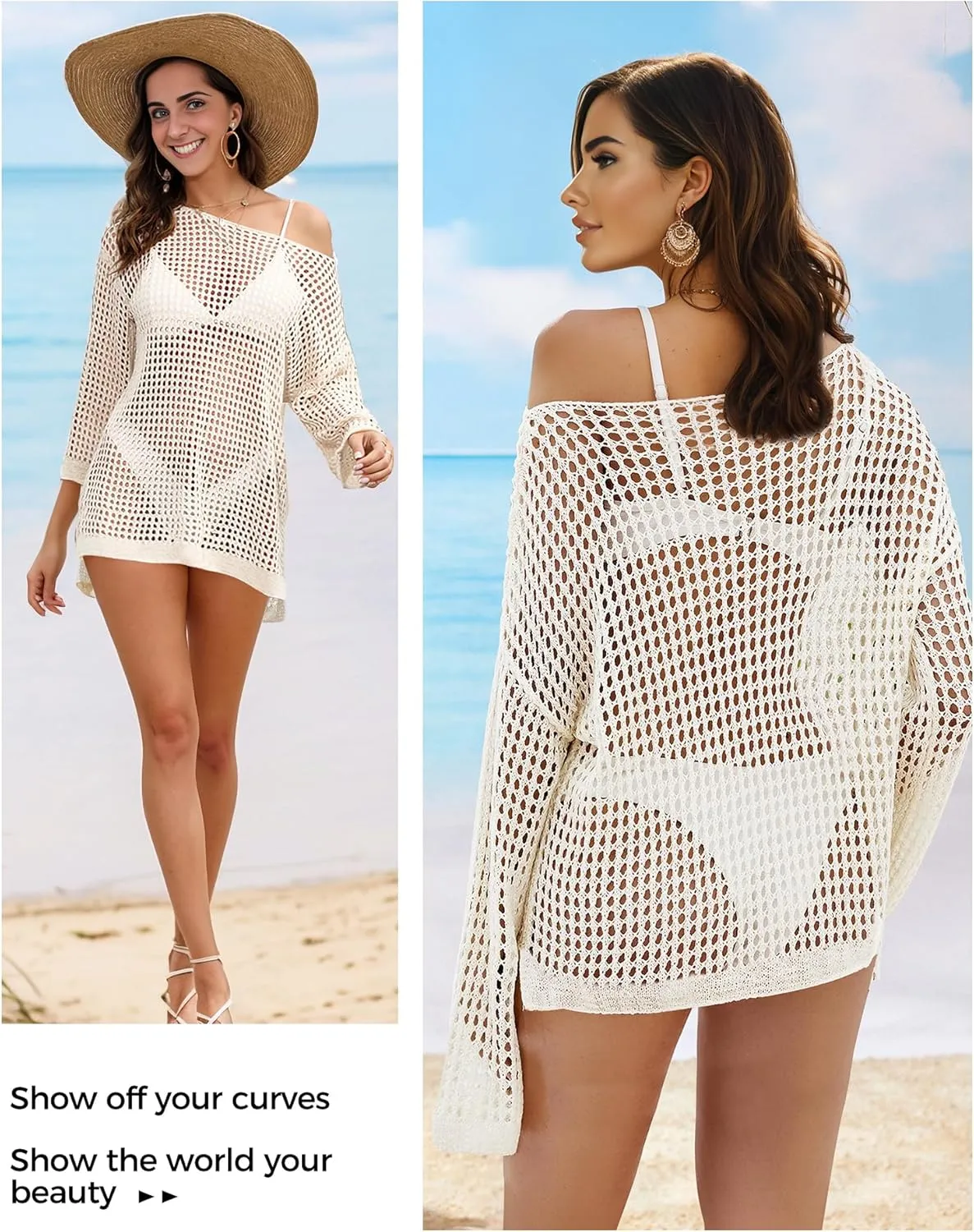 Buauty Women's Swimsuit Crochet Cover Up | Bathing Suit Swimwear Short Sleeve Knit Beach Dress Summer Vacation Outfits