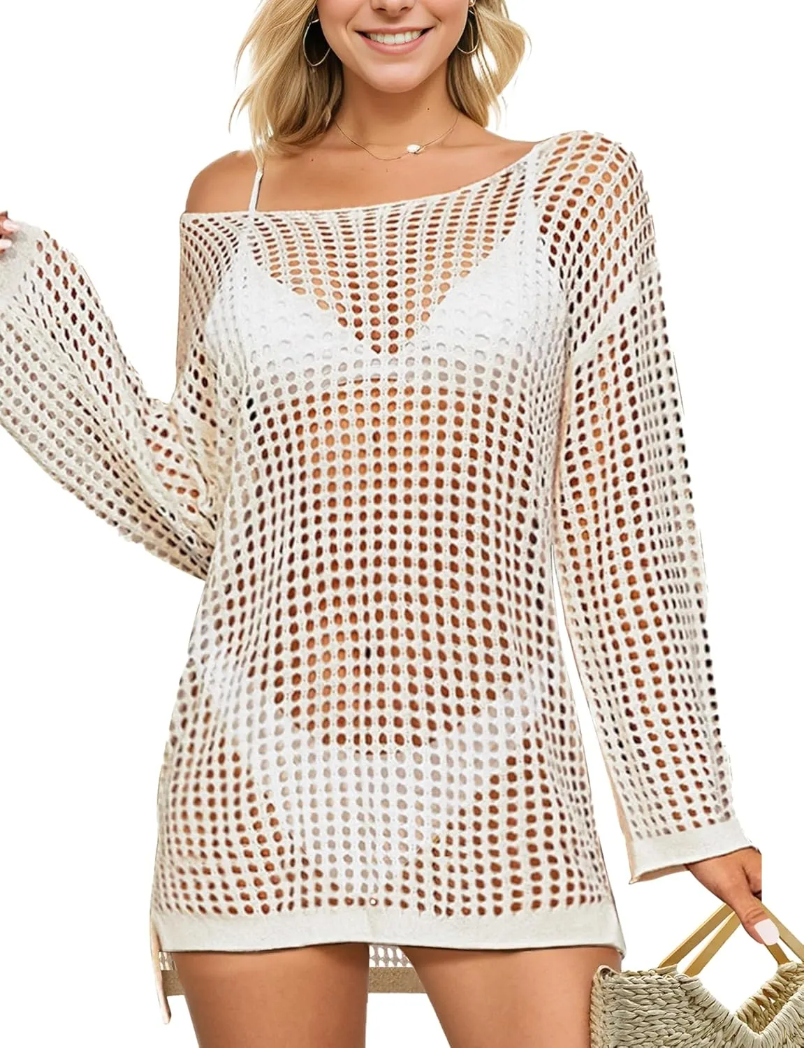 Buauty Women's Swimsuit Crochet Cover Up | Bathing Suit Swimwear Short Sleeve Knit Beach Dress Summer Vacation Outfits