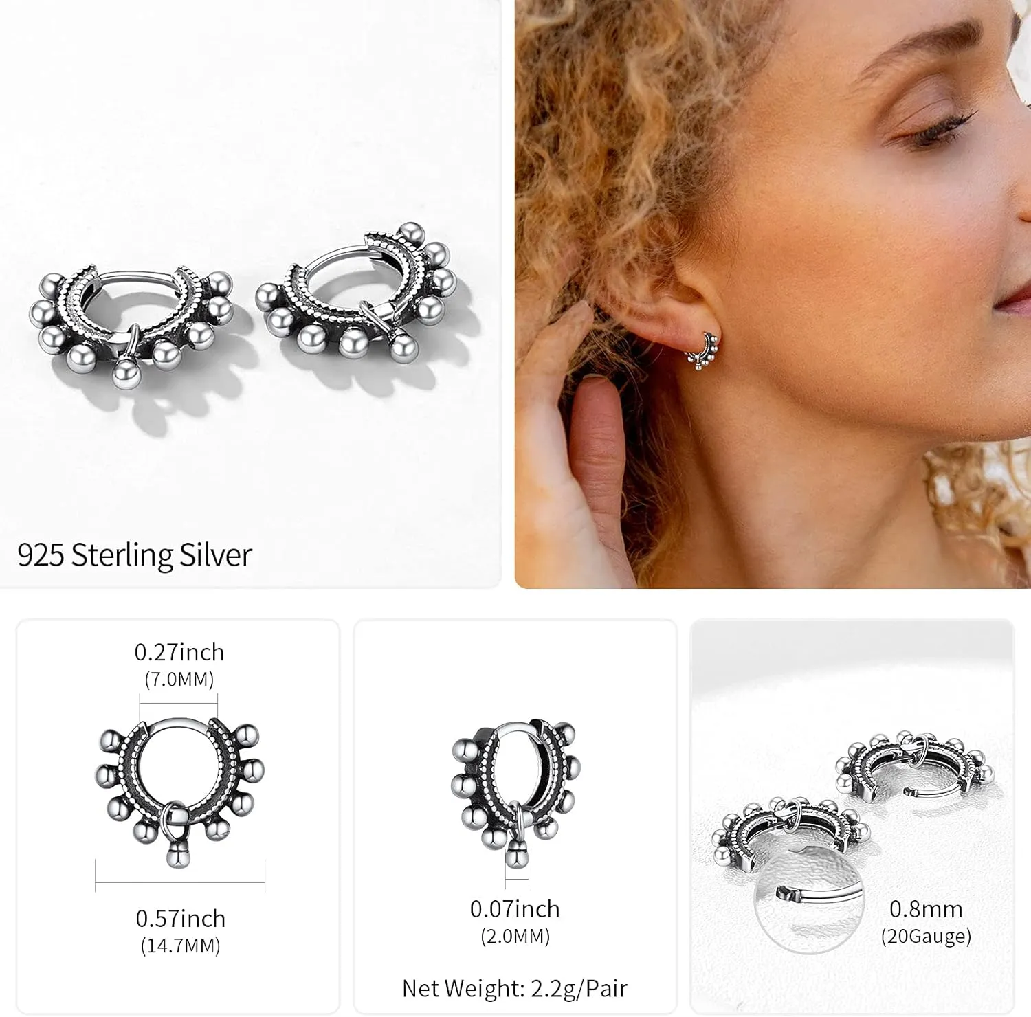 ChicSilver Small Chunky Hoop Earrings White Gold Plated Silver Thick Huggie Hoop Earrings for Women Hypoallergenic Lightweight (with Gift Box)
