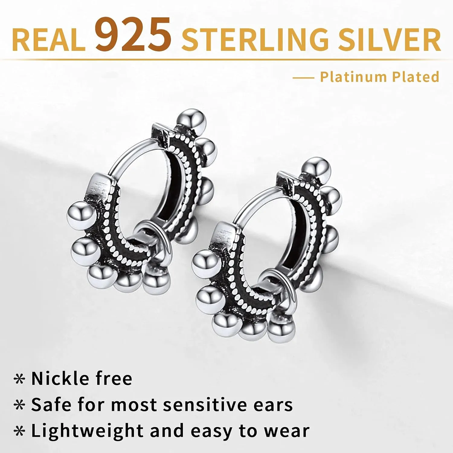 ChicSilver Small Chunky Hoop Earrings White Gold Plated Silver Thick Huggie Hoop Earrings for Women Hypoallergenic Lightweight (with Gift Box)