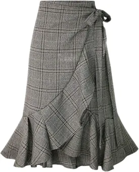 chouyatou Women's Elegant Work Wear Adjustable Waist Flounce A-Line Plaid Midi Wrap Skirt