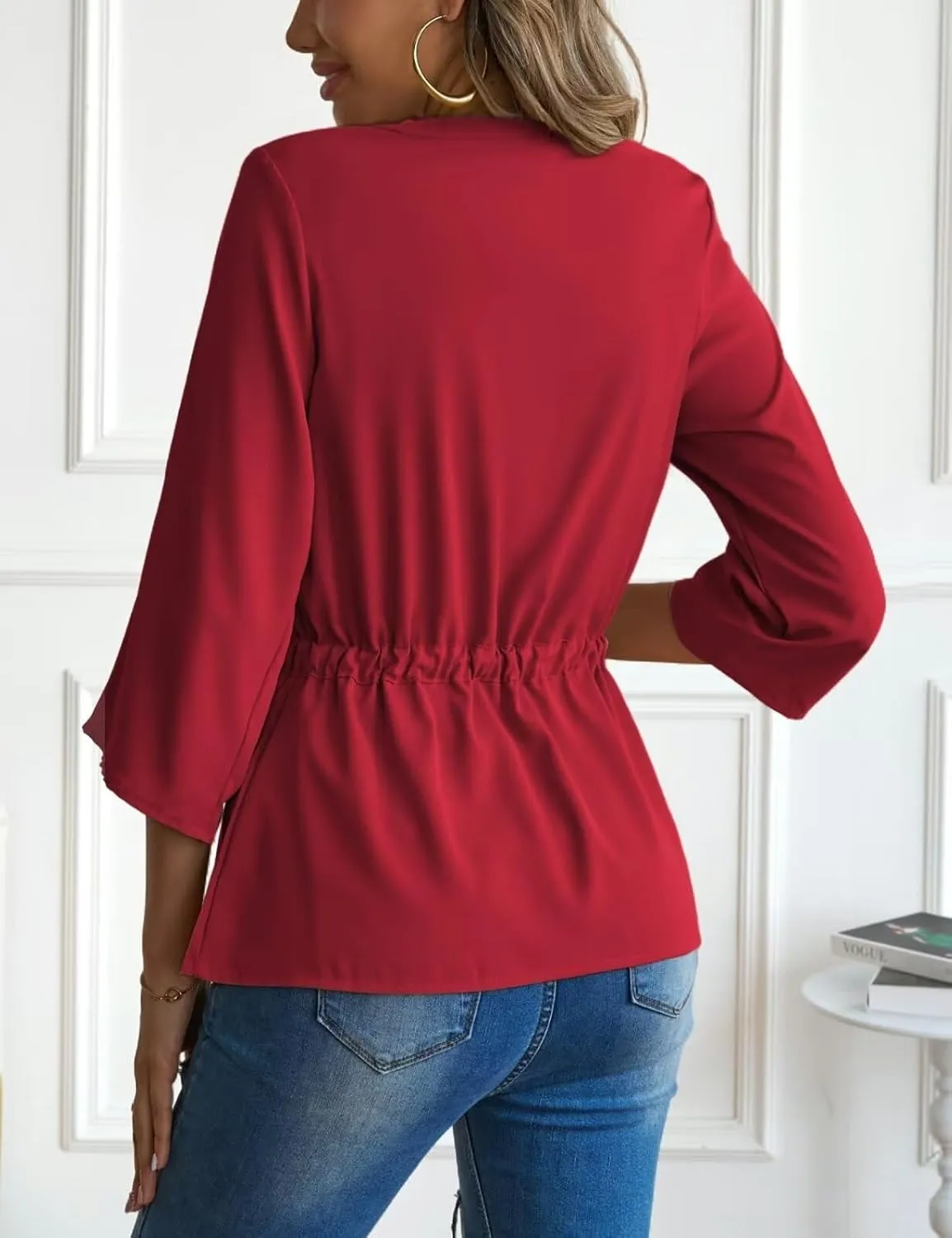 CiCiBird Womens Dressy 3/4 Sleeve Shirt Casual Zip Blouse Work Business Peplum Tops