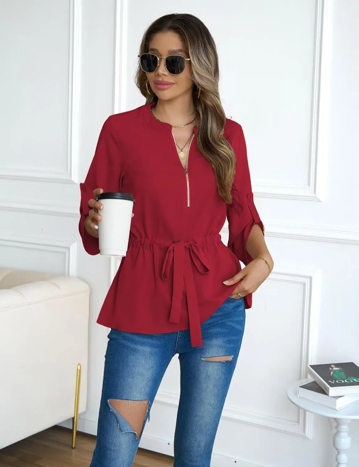CiCiBird Womens Dressy 3/4 Sleeve Shirt Casual Zip Blouse Work Business Peplum Tops