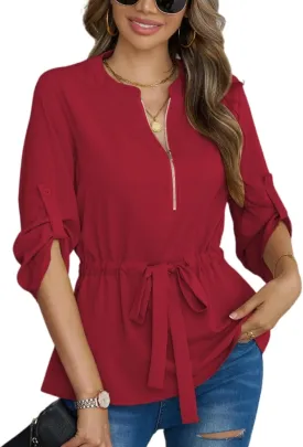 CiCiBird Womens Dressy 3/4 Sleeve Shirt Casual Zip Blouse Work Business Peplum Tops
