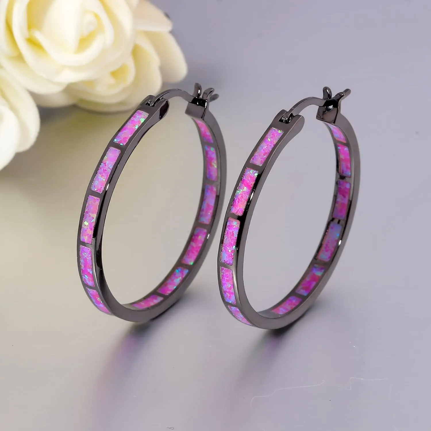 CiNily Opal Hoop Earrings,Women Jewelry Rhodium Plated/Rose Gold or Yellow Gold Plated Gemstone Big Hoop Earrings 32mm