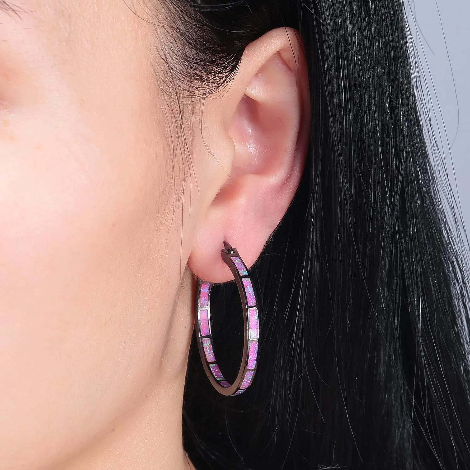 CiNily Opal Hoop Earrings,Women Jewelry Rhodium Plated/Rose Gold or Yellow Gold Plated Gemstone Big Hoop Earrings 32mm
