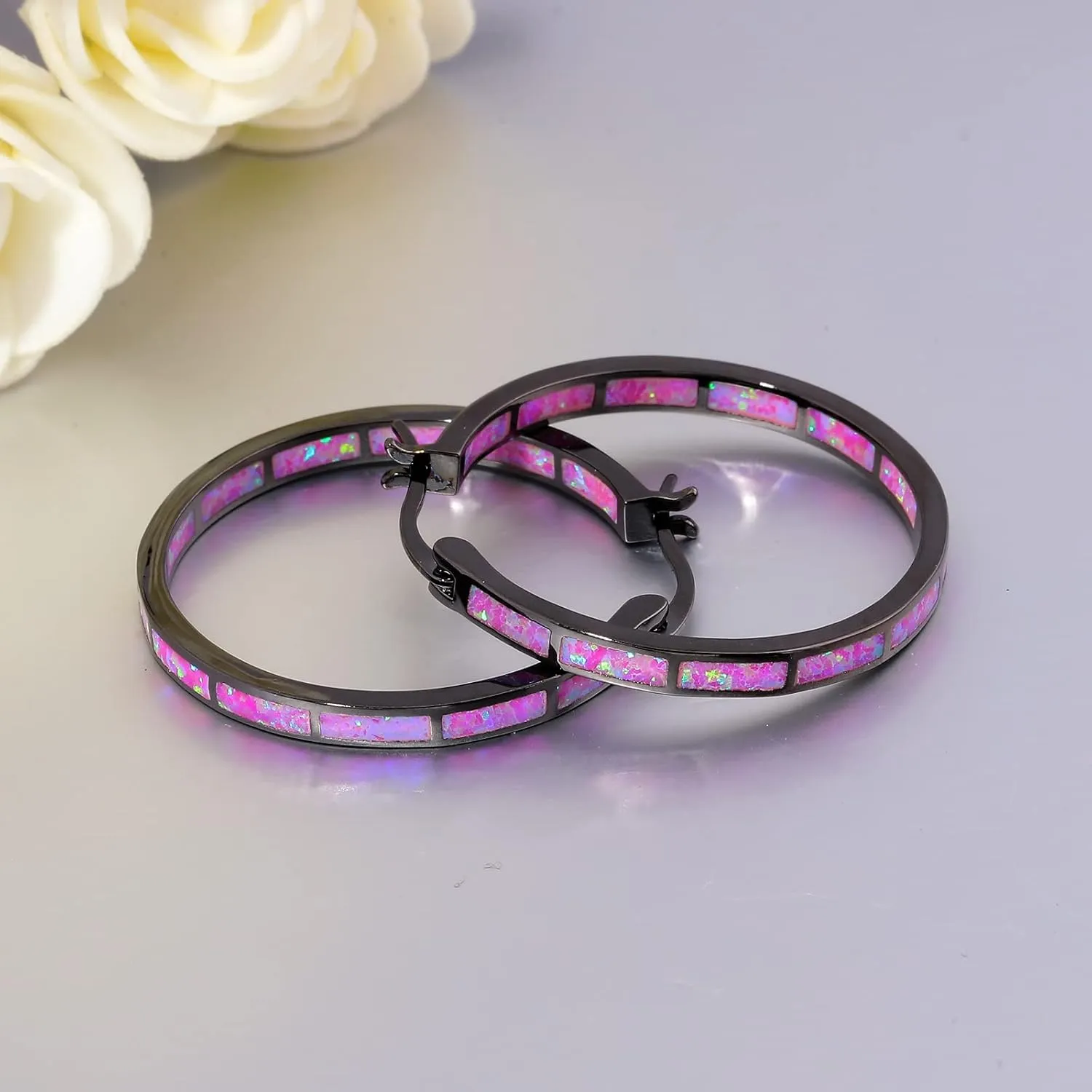 CiNily Opal Hoop Earrings,Women Jewelry Rhodium Plated/Rose Gold or Yellow Gold Plated Gemstone Big Hoop Earrings 32mm