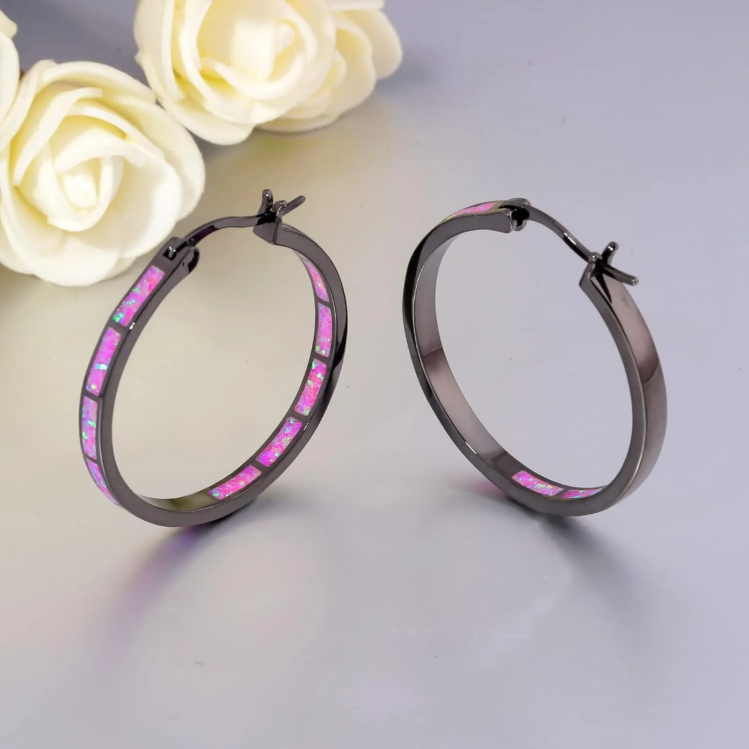 CiNily Opal Hoop Earrings,Women Jewelry Rhodium Plated/Rose Gold or Yellow Gold Plated Gemstone Big Hoop Earrings 32mm