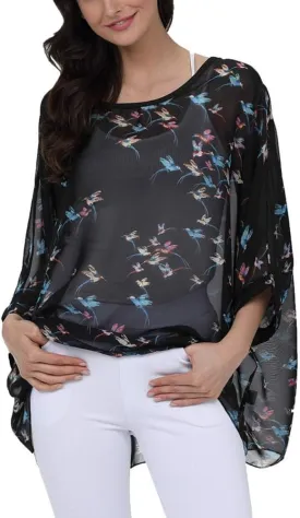 Ckikiou Plus Size Floral Chiffon Tunics Blouses for Women Batwing Summer Boho Shirts Beach Cover ups