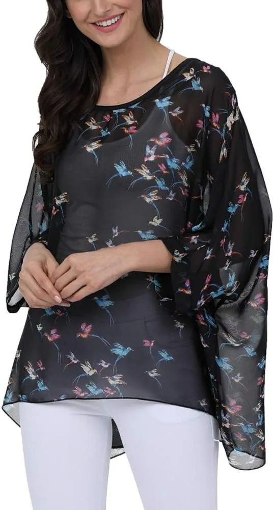 Ckikiou Plus Size Floral Chiffon Tunics Blouses for Women Batwing Summer Boho Shirts Beach Cover ups