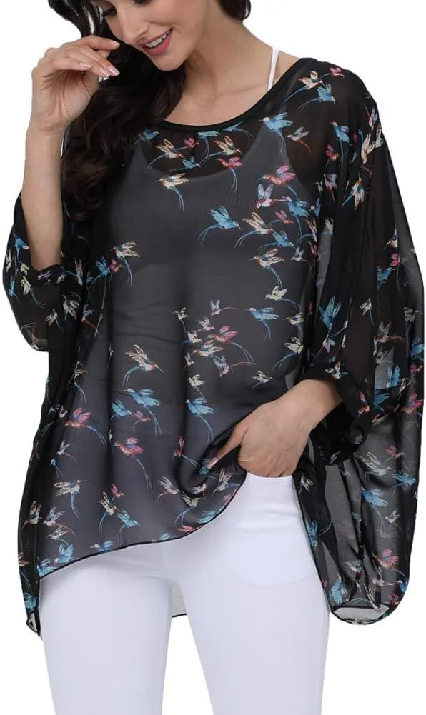 Ckikiou Plus Size Floral Chiffon Tunics Blouses for Women Batwing Summer Boho Shirts Beach Cover ups