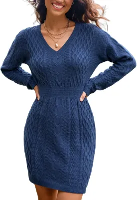 CUPSHE Cable Knit Pullover Sweater Mini Fall Dress for Women Smocked Waist V Neck Long Sleeve Casual Sweater Dresses