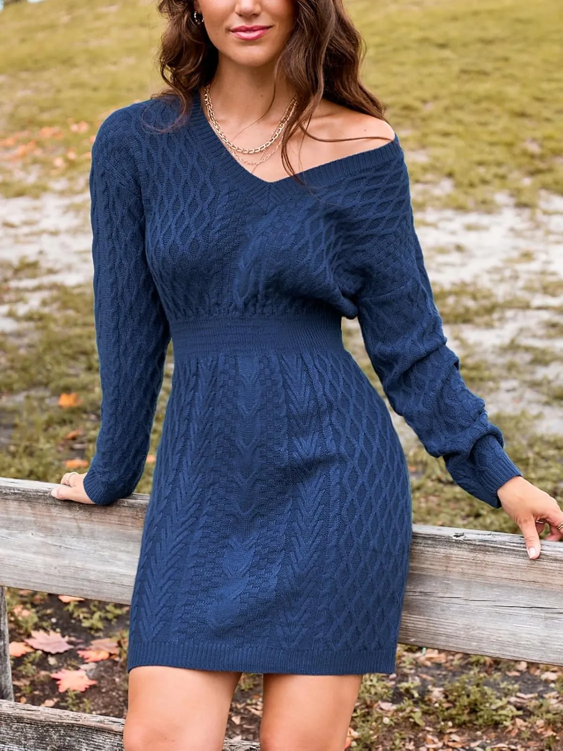 CUPSHE Cable Knit Pullover Sweater Mini Fall Dress for Women Smocked Waist V Neck Long Sleeve Casual Sweater Dresses
