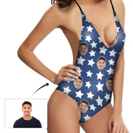 Custom Swimsuit Face Photo White Stars Blue Women's One Piece Swimsuit