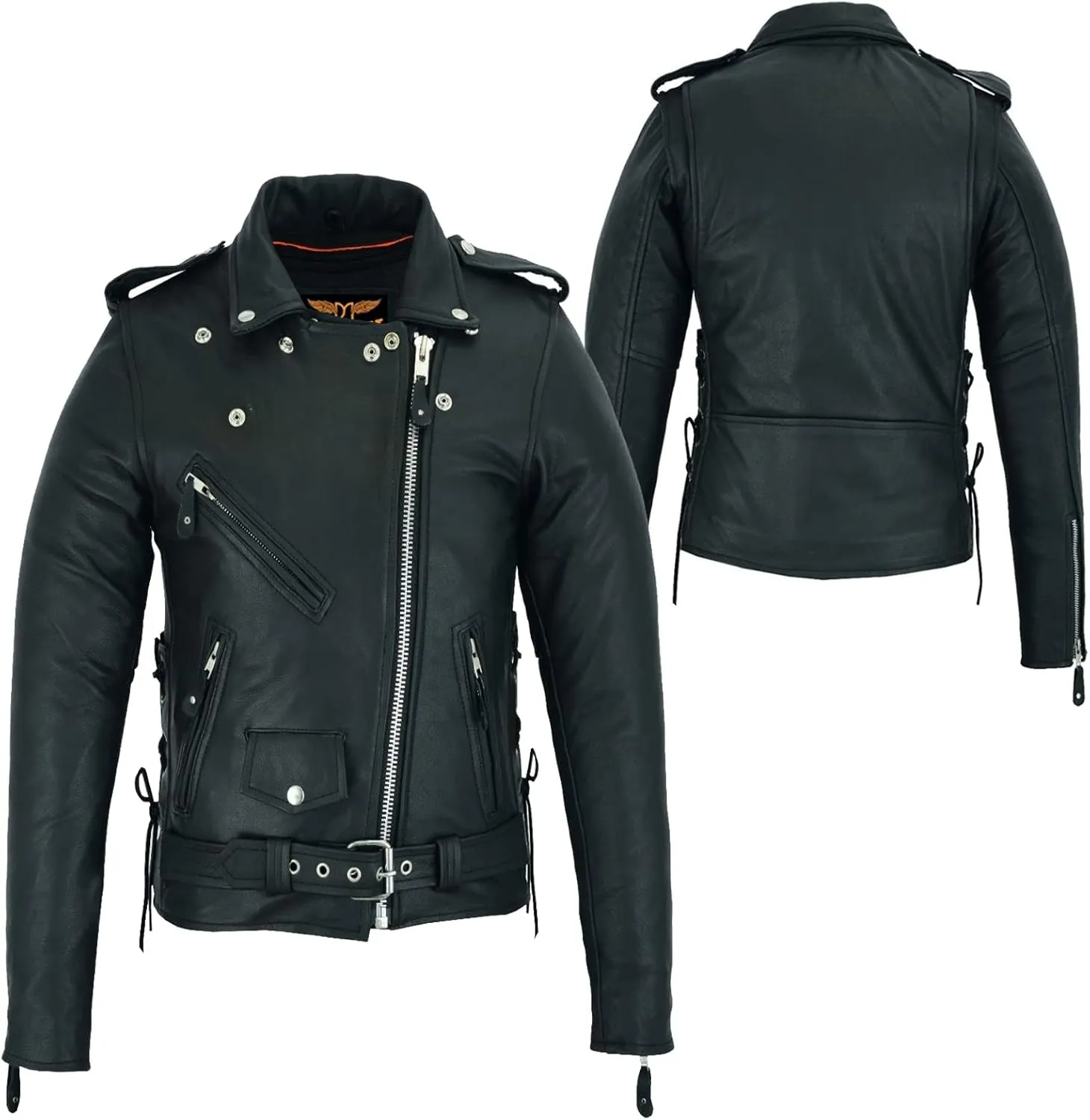 Dream Apparel Womens Classic Leather Motorcycle Jacket with Zip Out Lining, Biker Jacket for Ladies with Side Laces, Black