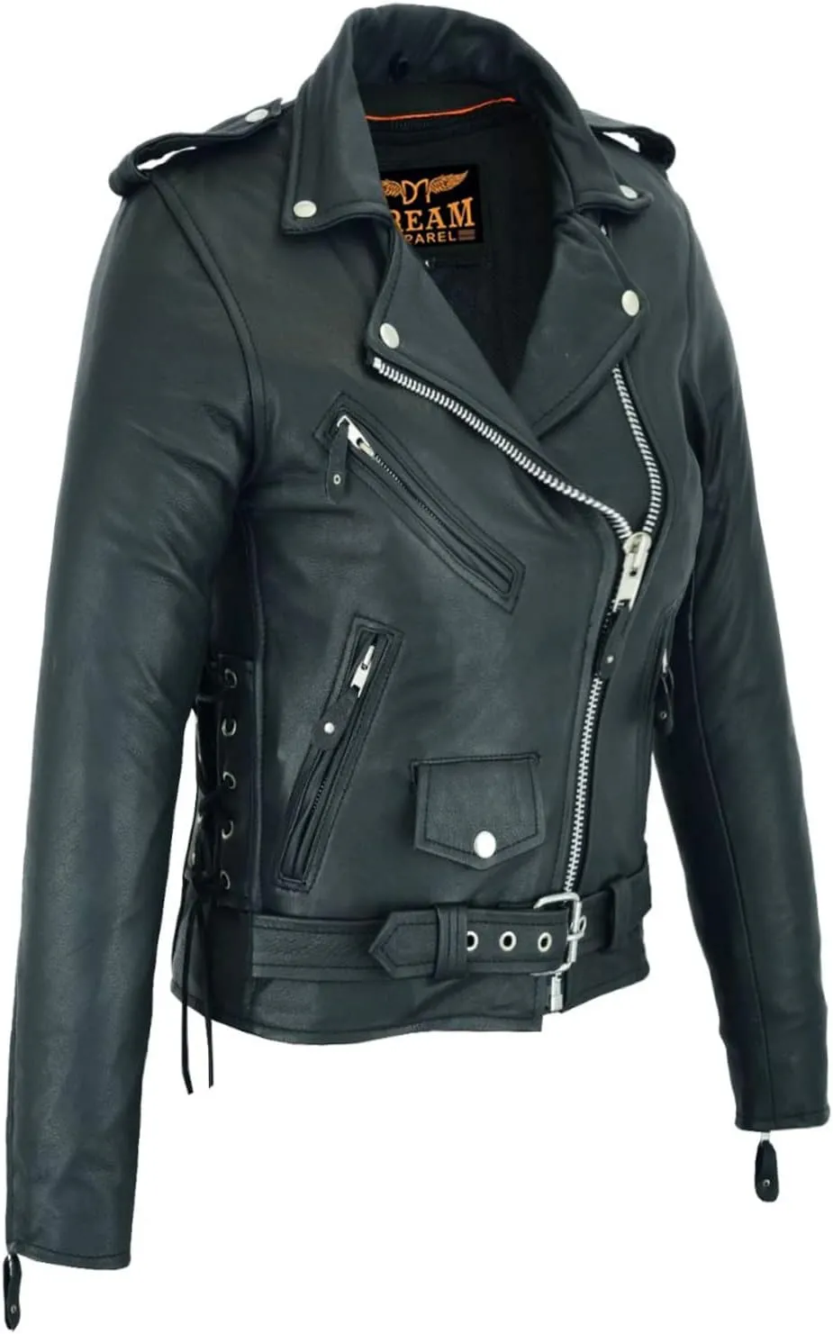 Dream Apparel Womens Classic Leather Motorcycle Jacket with Zip Out Lining, Biker Jacket for Ladies with Side Laces, Black
