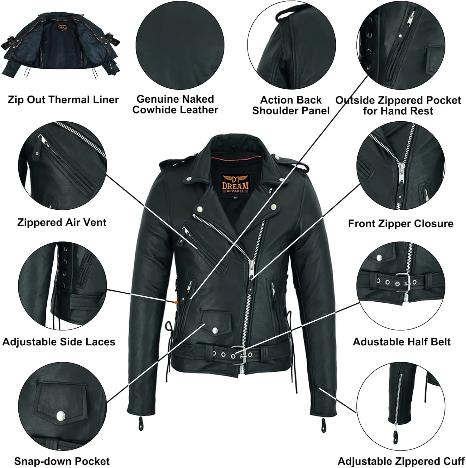 Dream Apparel Womens Classic Leather Motorcycle Jacket with Zip Out Lining, Biker Jacket for Ladies with Side Laces, Black