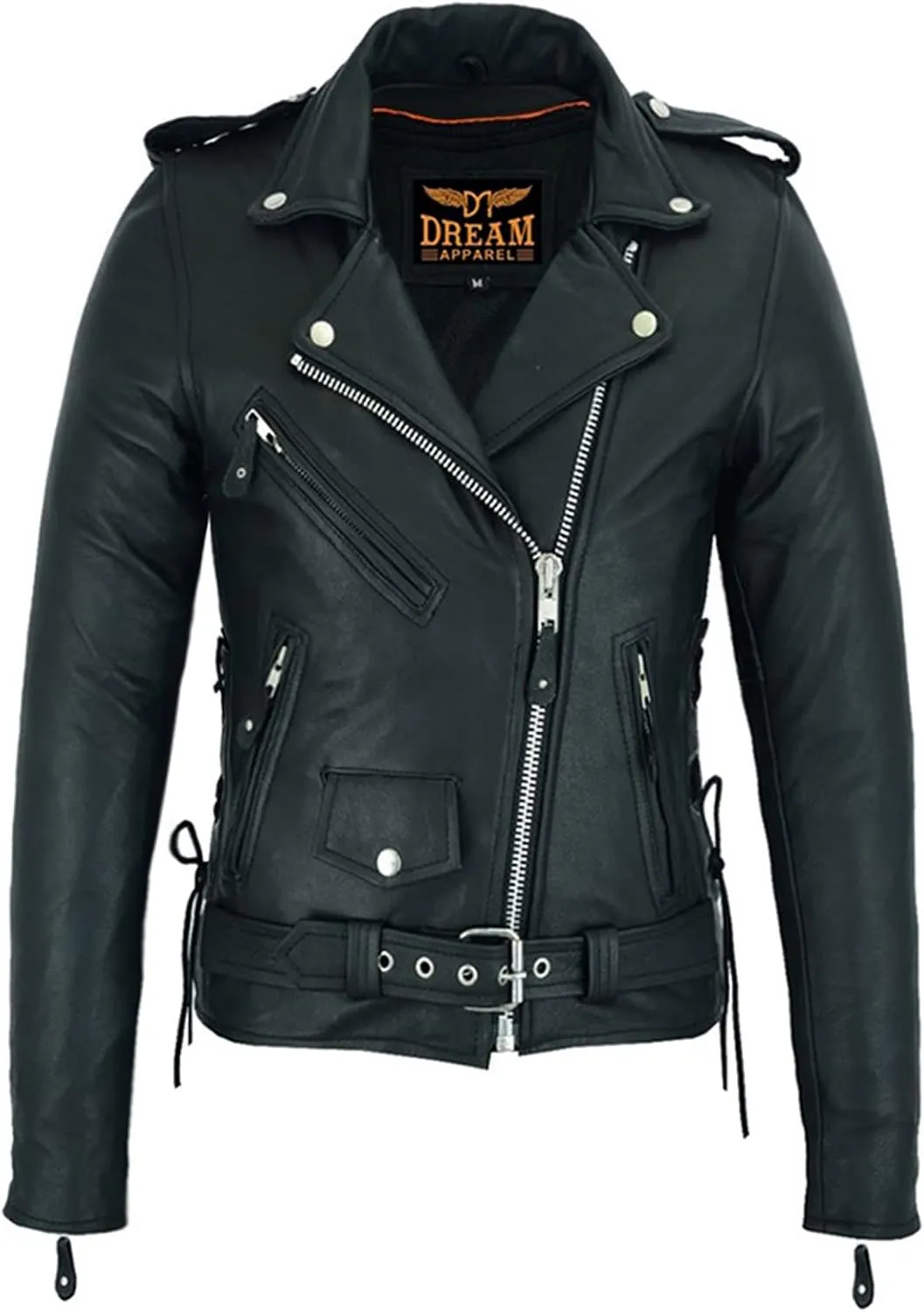 Dream Apparel Womens Classic Leather Motorcycle Jacket with Zip Out Lining, Biker Jacket for Ladies with Side Laces, Black