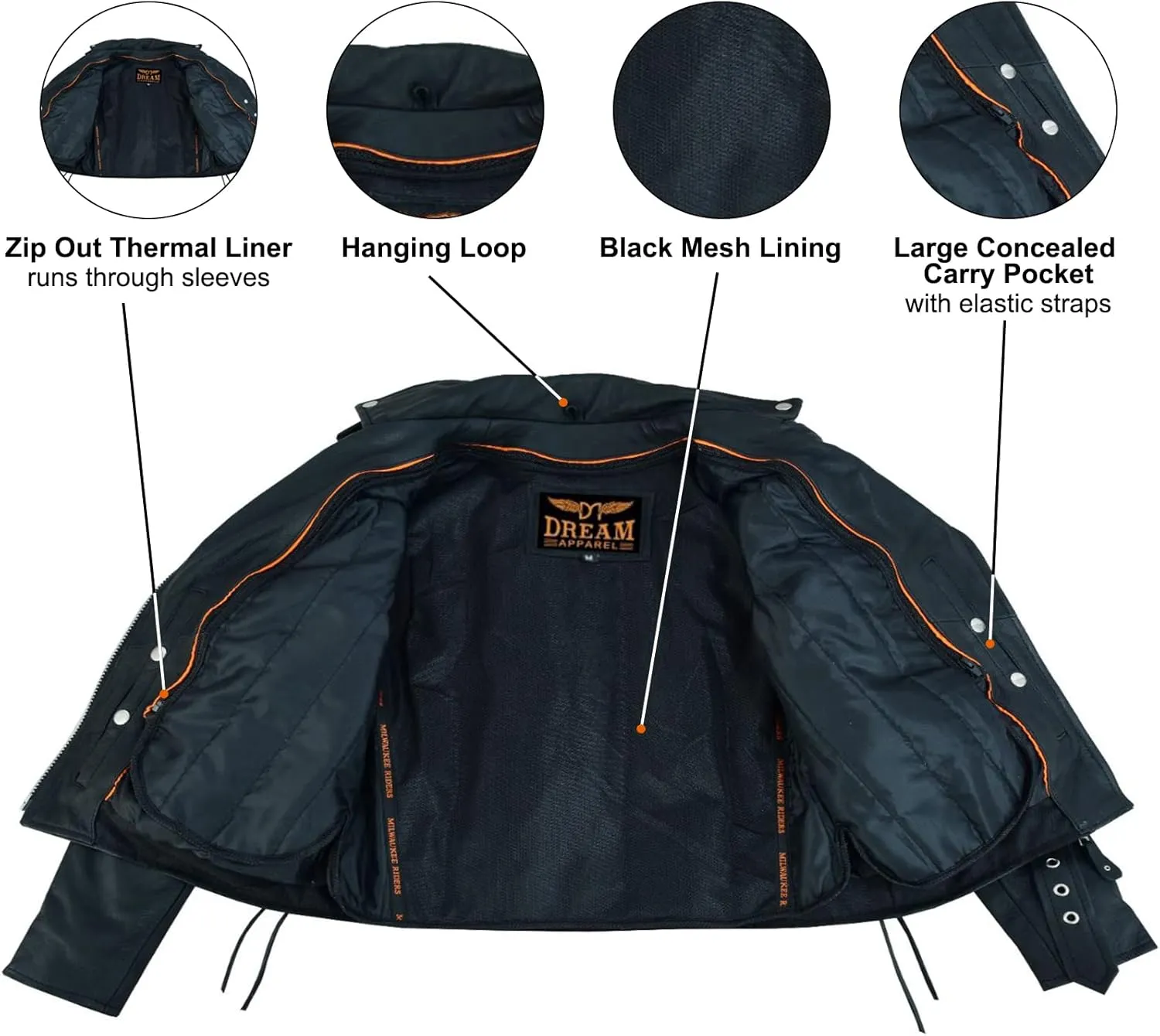 Dream Apparel Womens Classic Leather Motorcycle Jacket with Zip Out Lining, Biker Jacket for Ladies with Side Laces, Black