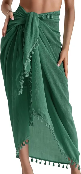 Eicolorte Beach Sarong Pareo Womens Semi-Sheer Swimwear Cover Ups Short Skirt with Tassels