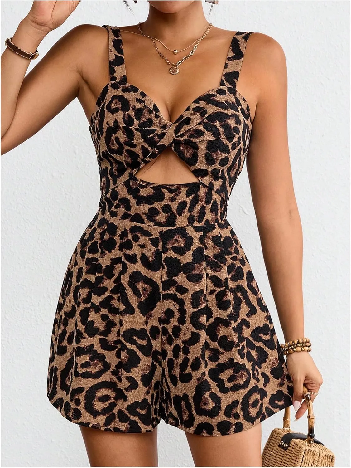 Floerns Women's One Piece Outfit Leopard Print Cut Out Jumpsuit Spaghetti Strap Short Romper