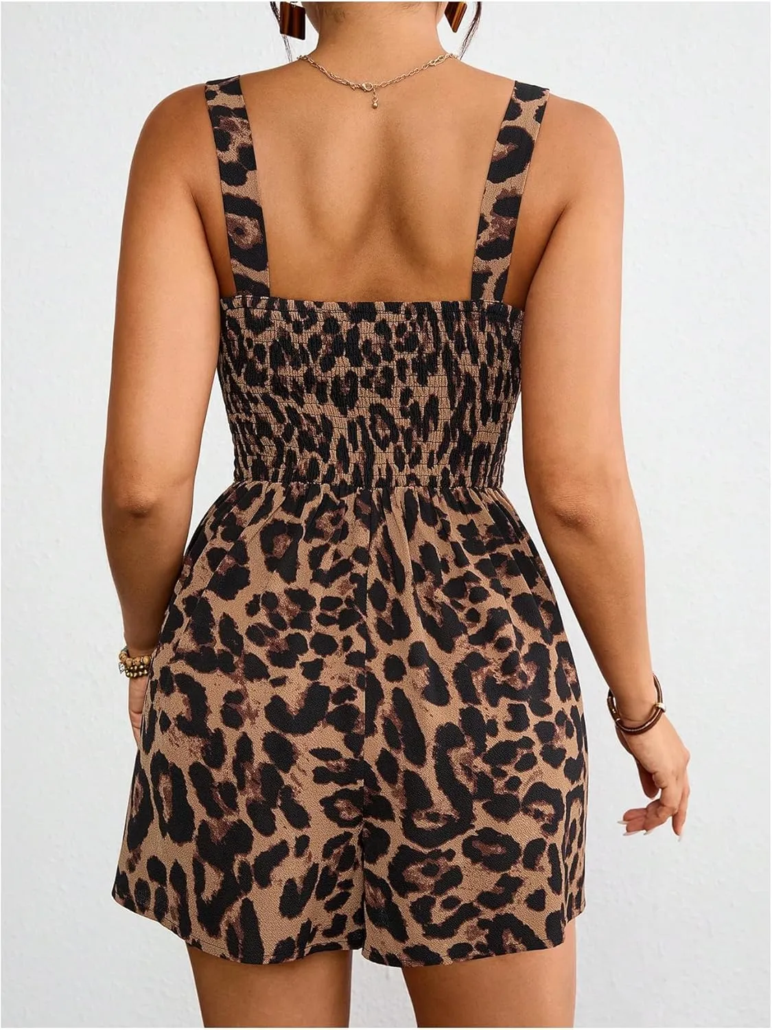 Floerns Women's One Piece Outfit Leopard Print Cut Out Jumpsuit Spaghetti Strap Short Romper