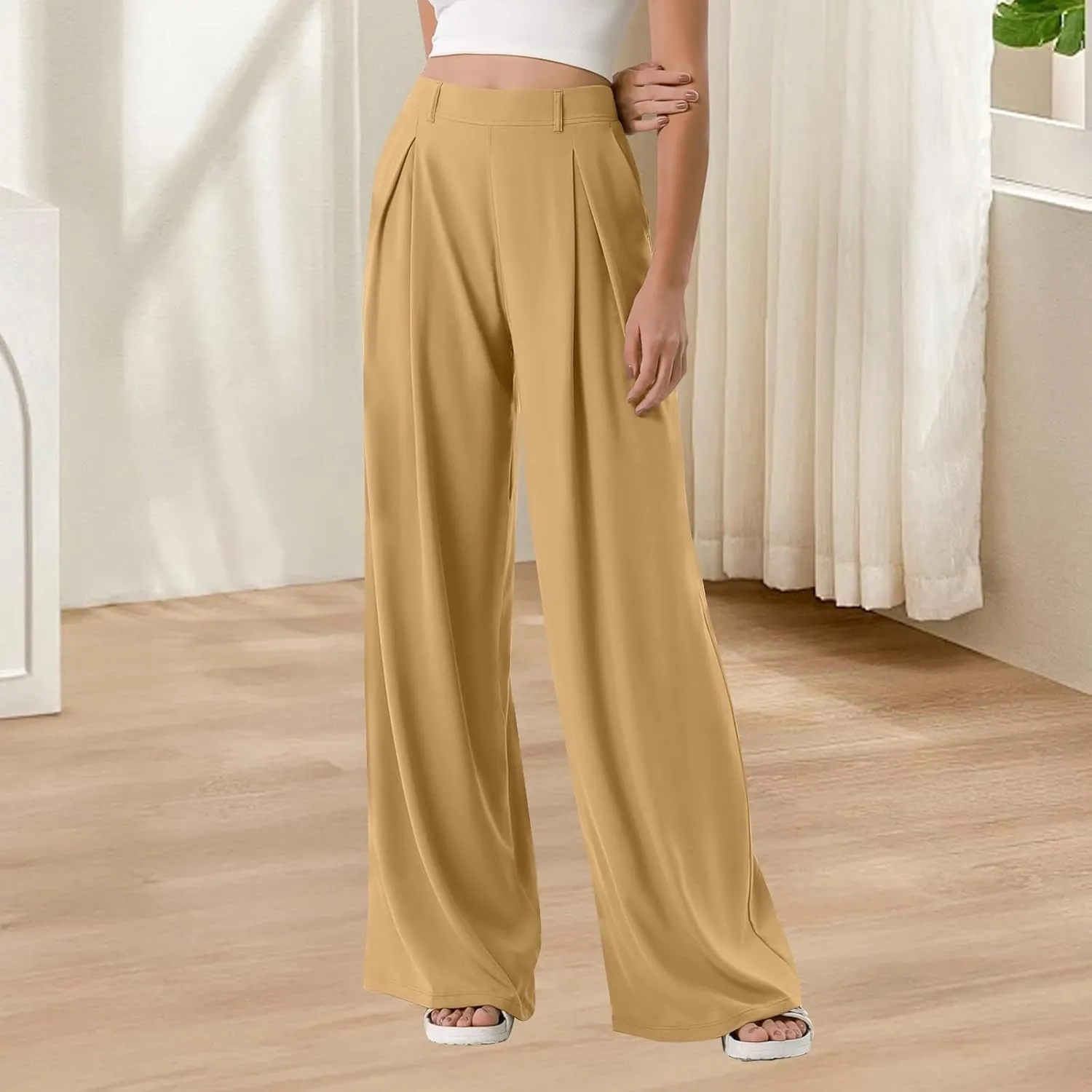 FQZWONG Work Pants Women 2025 Spring Summer High Waisted Trousers Baggy Lounge Drape Straight Wide Leg Pant with Pockets