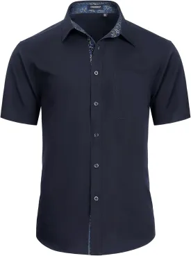 HISDERN Mens Dress Shirts Short Sleeve Regular Fit Casual Button Down Shirt Inner Contrast Business Formal Pocket Shirt