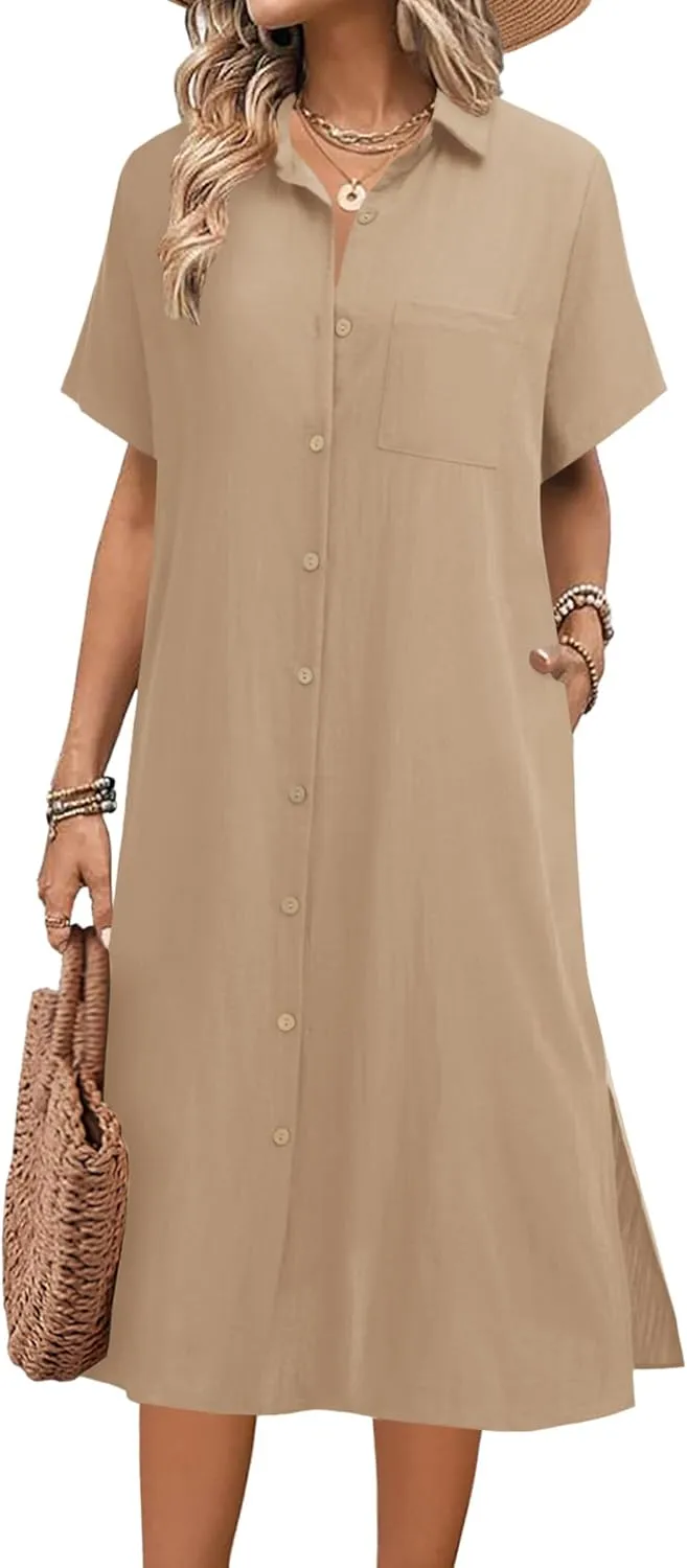 HOTOUCH Womens Dress Summer Casual Midi Short Sleeve Button Down Shirt Dresses Loose Beach Cover Up with Pockets