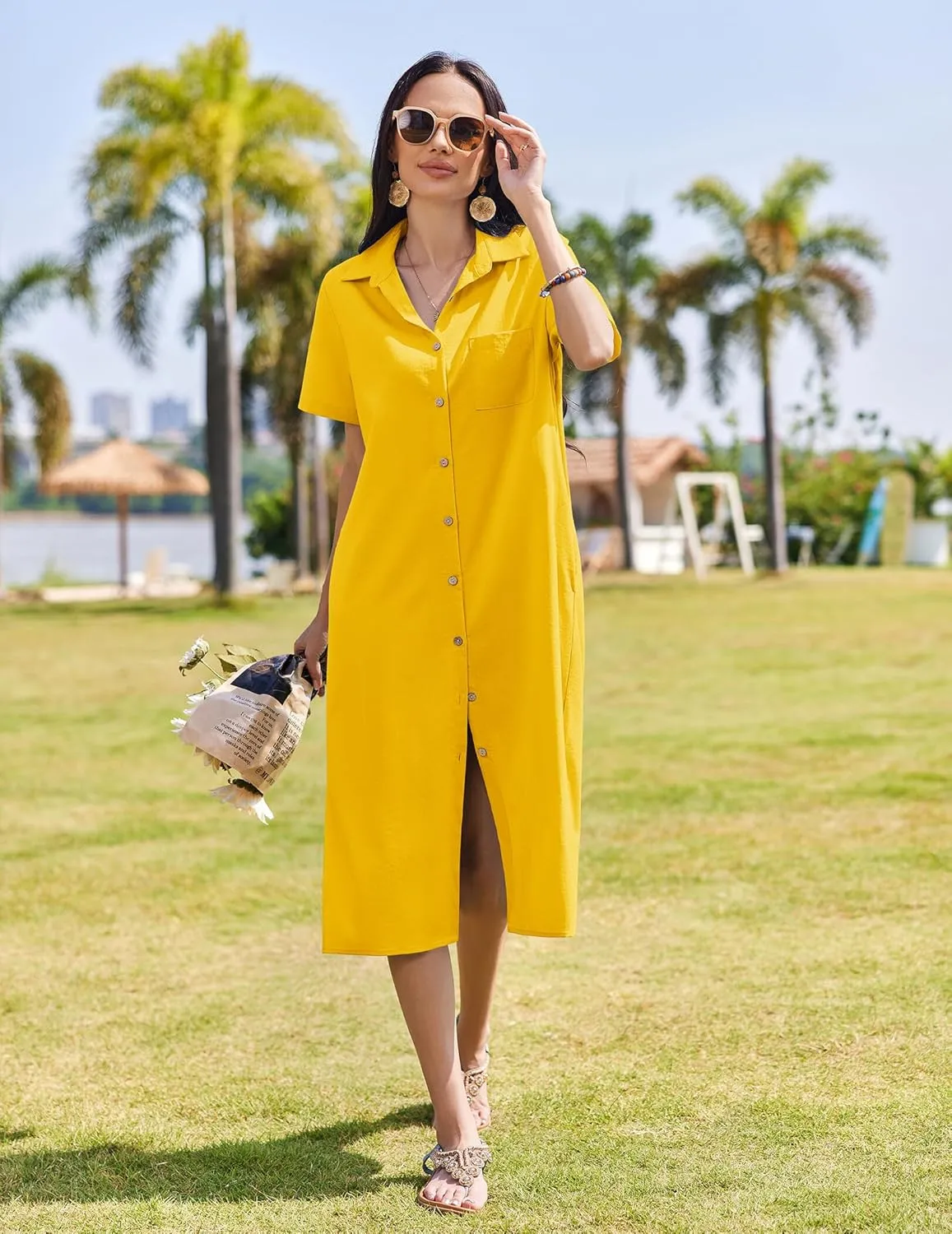 HOTOUCH Womens Dress Summer Casual Midi Short Sleeve Button Down Shirt Dresses Loose Beach Cover Up with Pockets