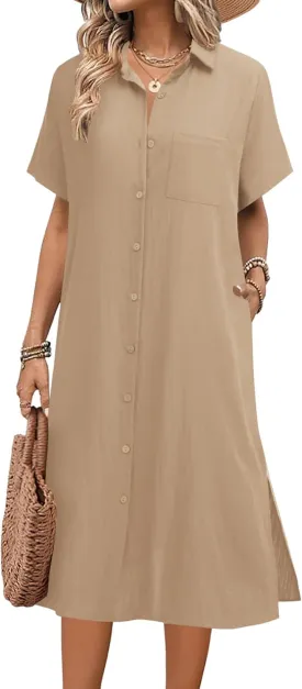 HOTOUCH Womens Dress Summer Casual Midi Short Sleeve Button Down Shirt Dresses Loose Beach Cover Up with Pockets