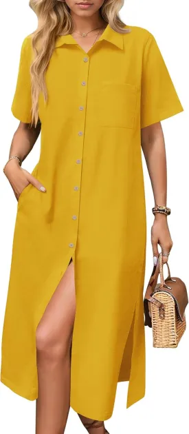 HOTOUCH Womens Dress Summer Casual Midi Short Sleeve Button Down Shirt Dresses Loose Beach Cover Up with Pockets