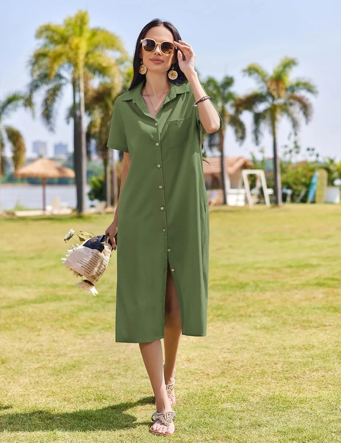 HOTOUCH Womens Dress Summer Casual Midi Short Sleeve Button Down Shirt Dresses Loose Beach Cover Up with Pockets