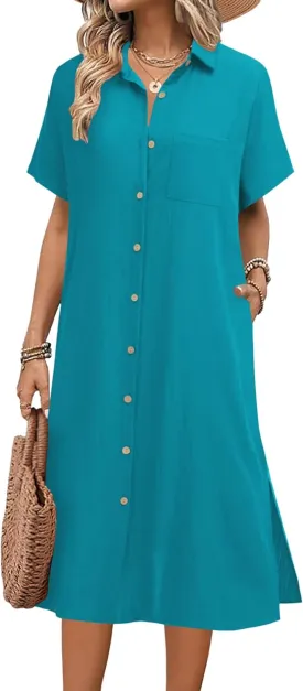 HOTOUCH Womens Dress Summer Casual Midi Short Sleeve Button Down Shirt Dresses Loose Beach Cover Up with Pockets