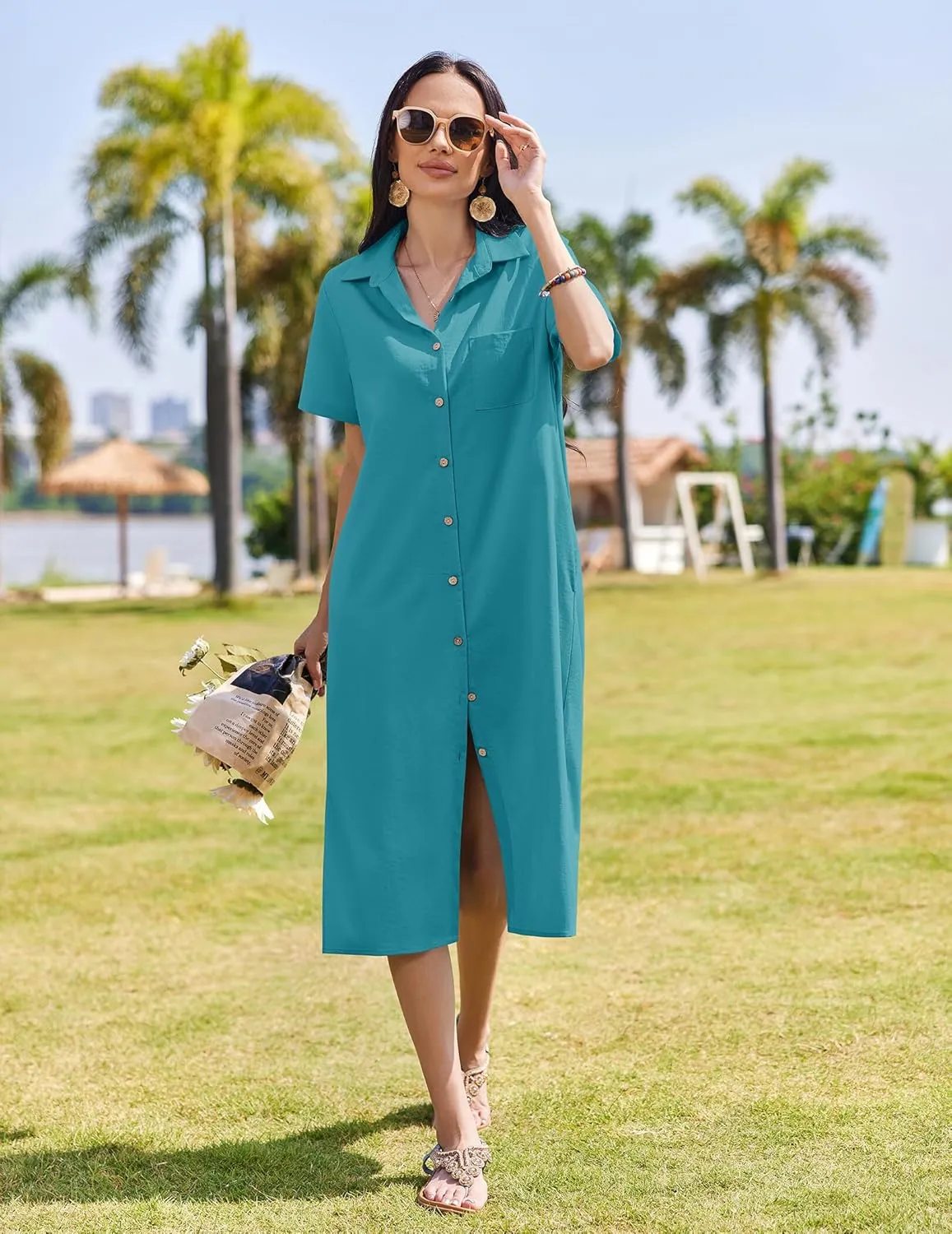 HOTOUCH Womens Dress Summer Casual Midi Short Sleeve Button Down Shirt Dresses Loose Beach Cover Up with Pockets