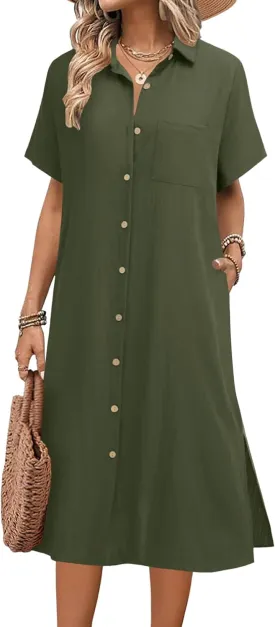 HOTOUCH Womens Dress Summer Casual Midi Short Sleeve Button Down Shirt Dresses Loose Beach Cover Up with Pockets