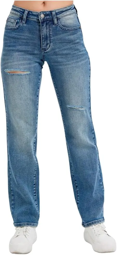 Judy Blue Mid Rise Contrast Wash Destroyed Dad Jeans, 32" Inseam