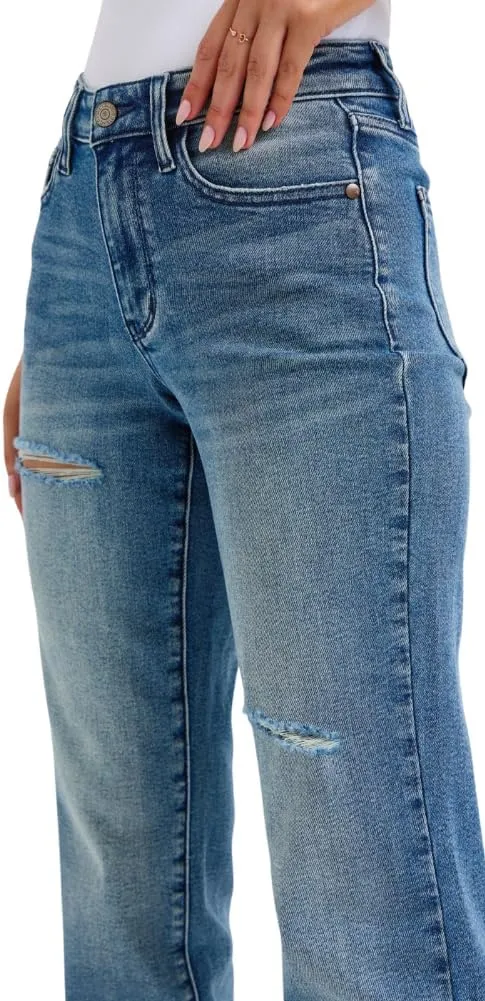 Judy Blue Mid Rise Contrast Wash Destroyed Dad Jeans, 32" Inseam