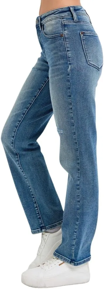 Judy Blue Mid Rise Contrast Wash Destroyed Dad Jeans, 32" Inseam