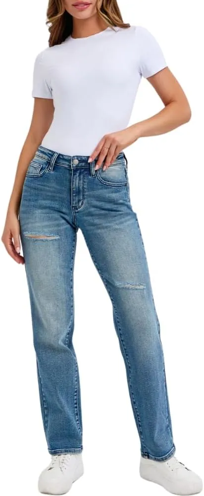 Judy Blue Mid Rise Contrast Wash Destroyed Dad Jeans, 32" Inseam